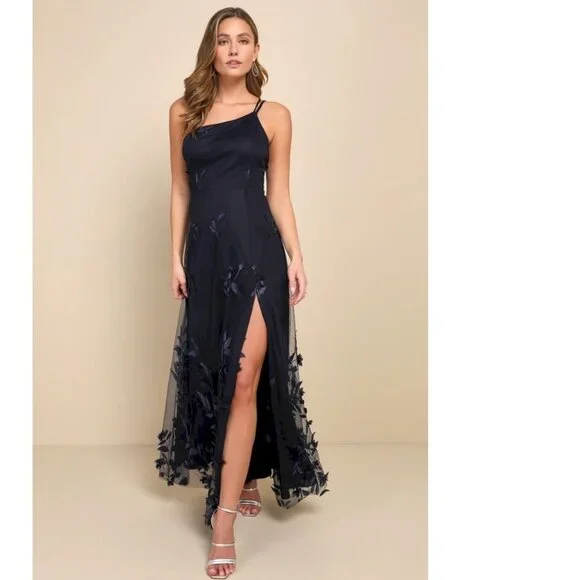 Lulus Regal Poise Navy Blue 3D Floral Applique One-Shoulder Maxi Dress XS NWT - Picture 1 of 16